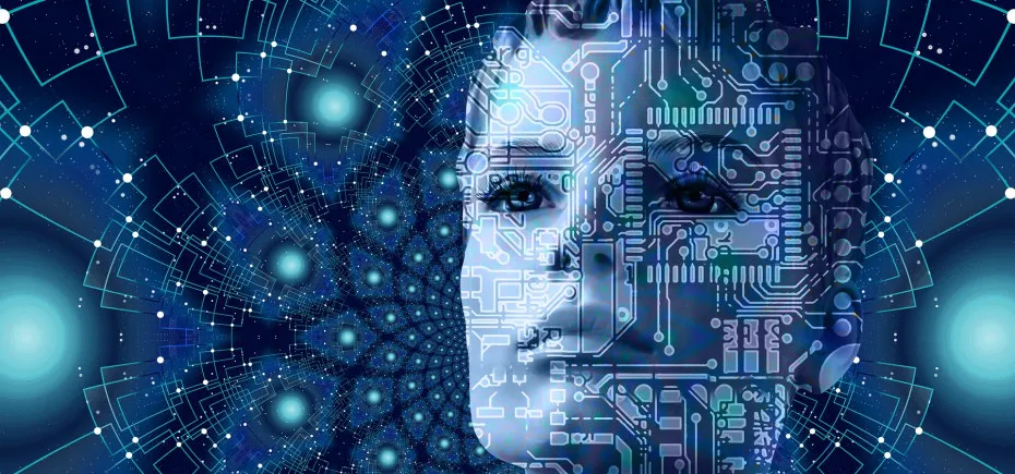 Digital illustration of a face split between human features and a circuit-board pattern, with a glowing blue network behind