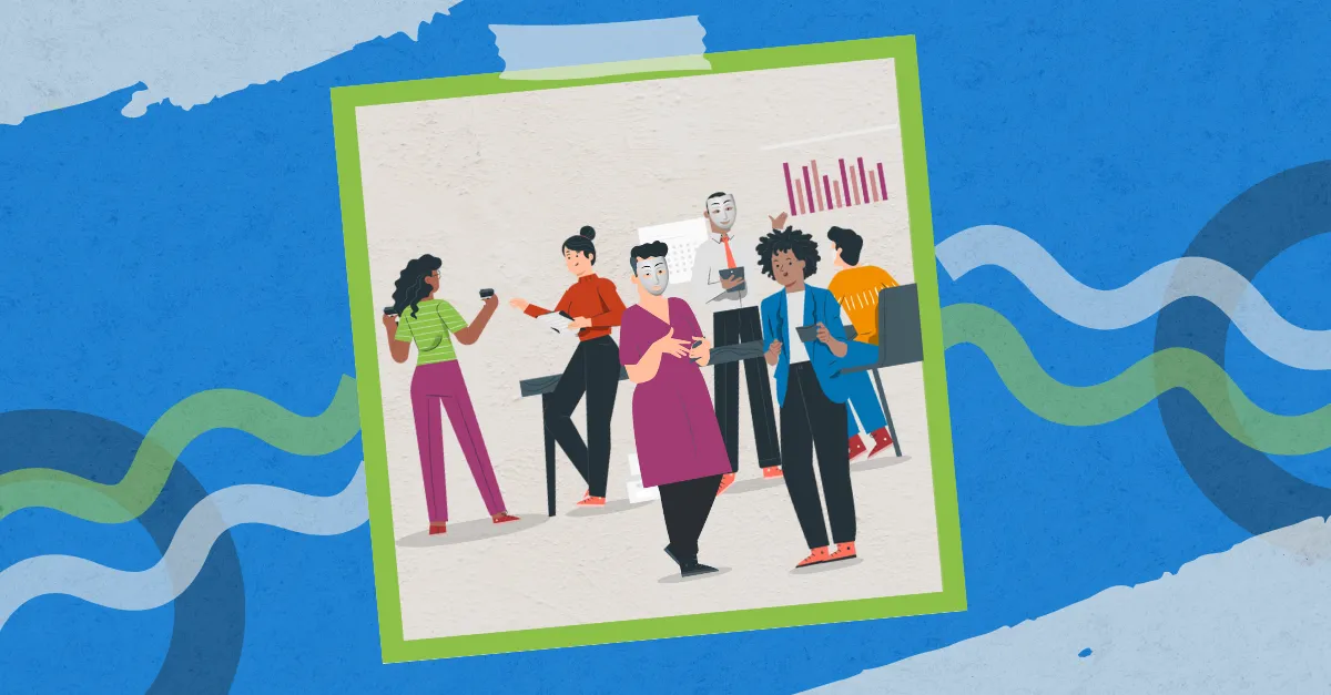 Illustration of office workers mingling, some wearing blank white masks, in front of a bar chart