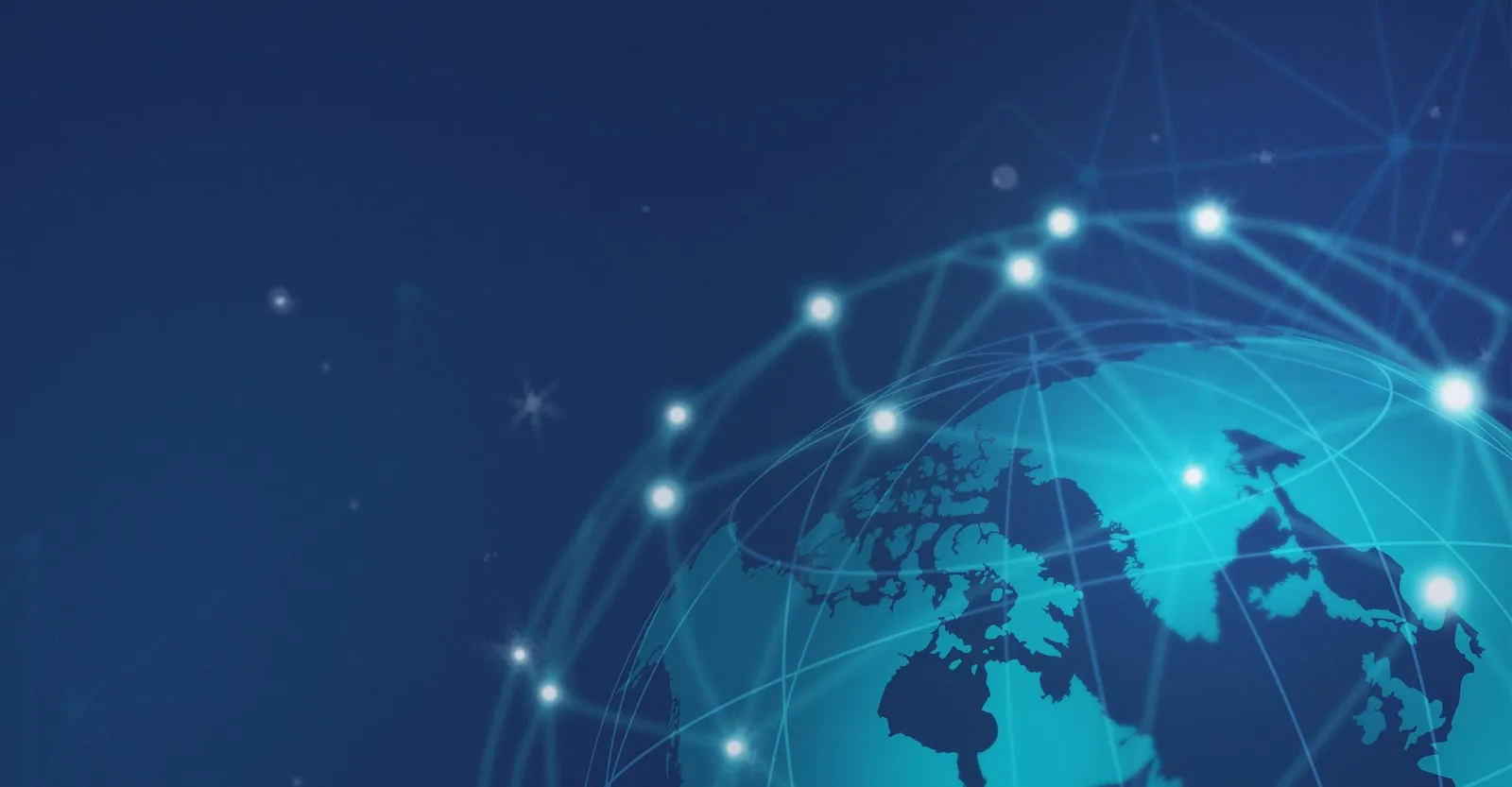 Globe with glowing network lines and connection points on a dark blue background.