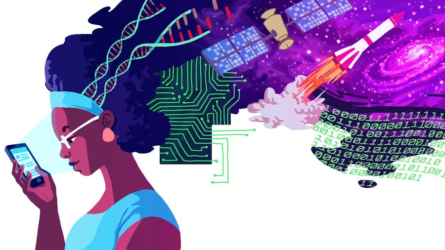 Illustration of a woman using a phone, with a DNA strand, circuit board, satellites, a rocket and binary code.