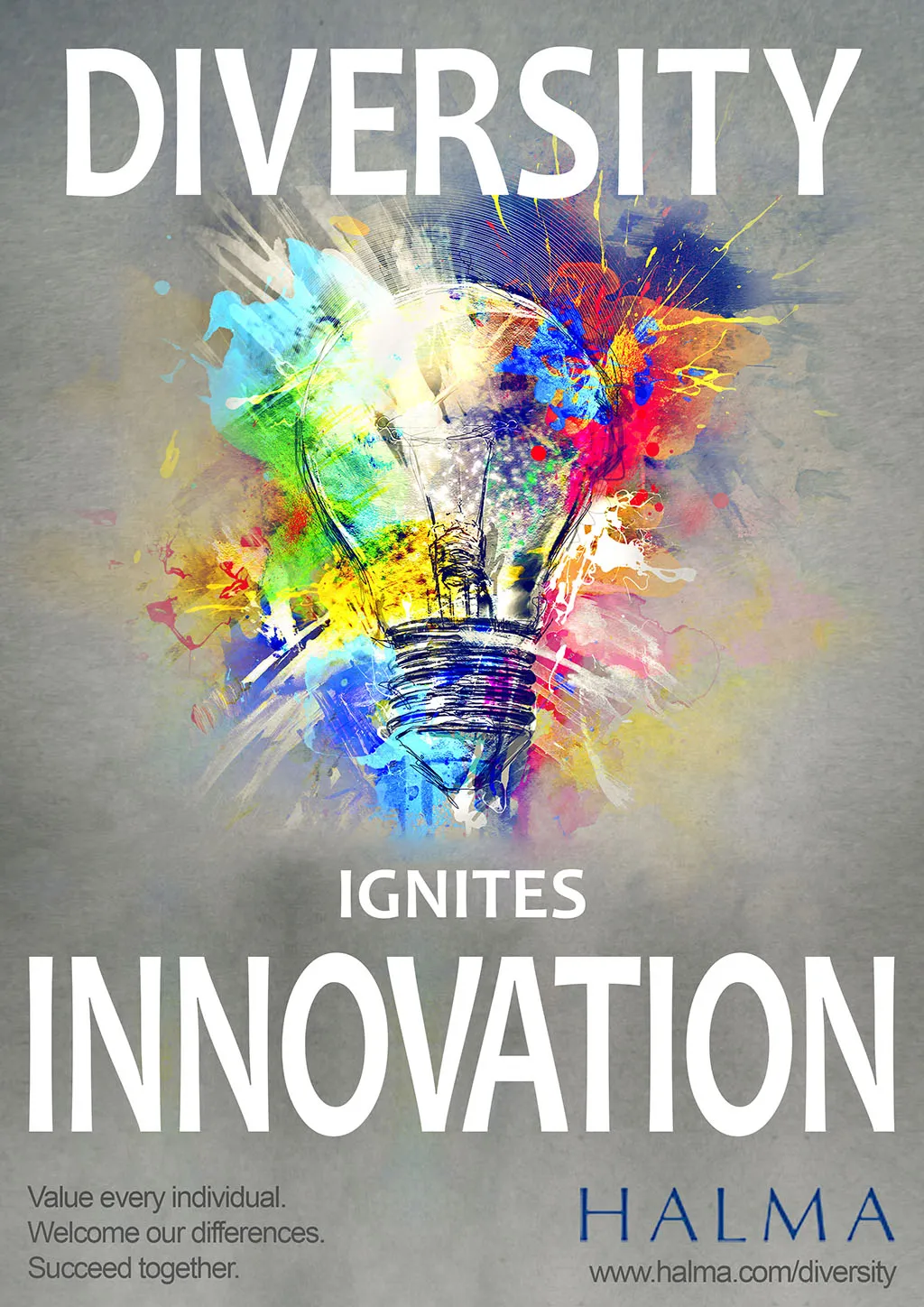 A lightbulb with colorful paint splashes, the words "DIVERSITY IGNITES INNOVATION" and "HALMA" are displayed.