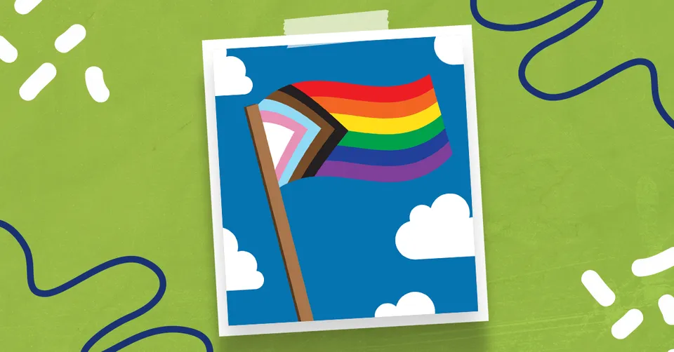 Illustration of a rainbow flag with chevron stripes on a blue sky, against a green background