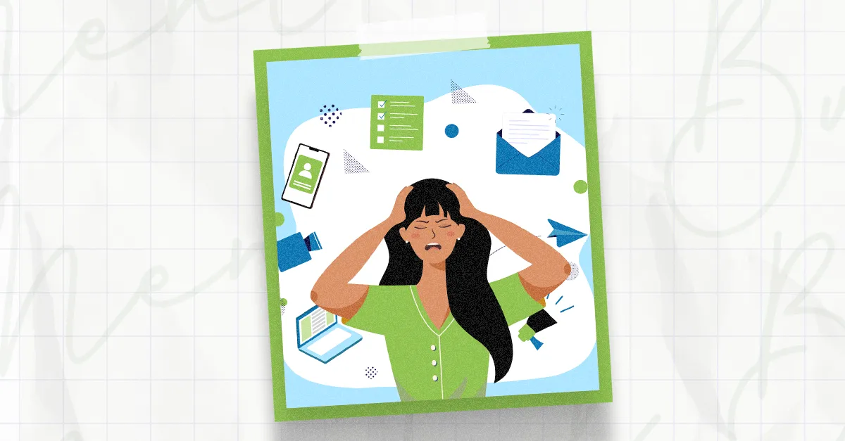 Illustration of a woman with her hands on her head, surrounded by a phone, checklist, envelope and laptop.
