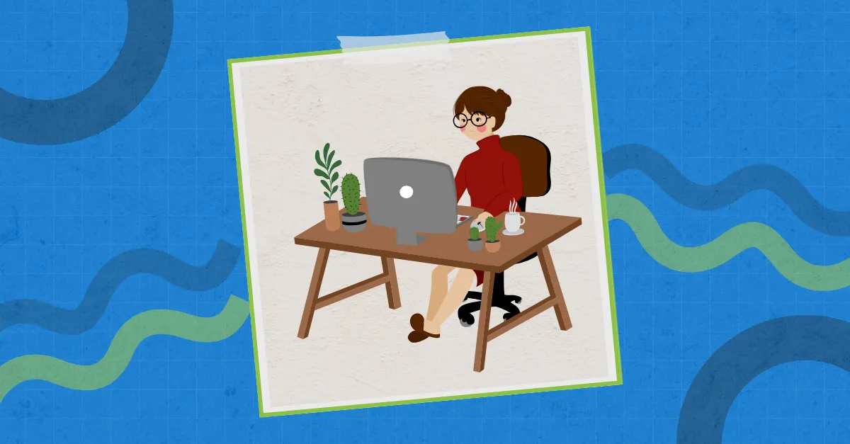Illustration of a woman in glasses working at a desk with a computer, plants and a coffee cup.