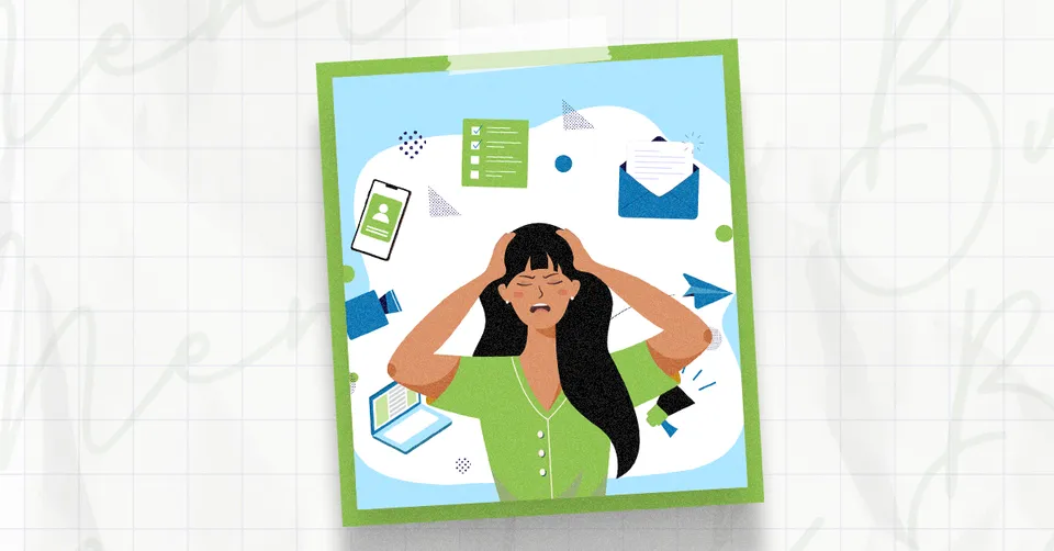 Illustration of a woman with her hands on her head, surrounded by a phone, checklist, envelope and laptop.