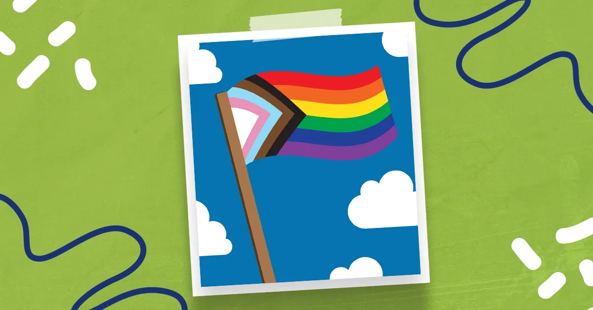 Illustration of a rainbow flag with chevron stripes on a blue sky, against a green background
