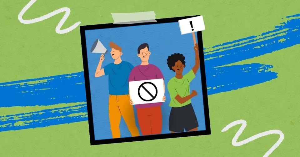 Illustration of three people protesting: one with a megaphone, one holding a prohibition sign, one raising a fist